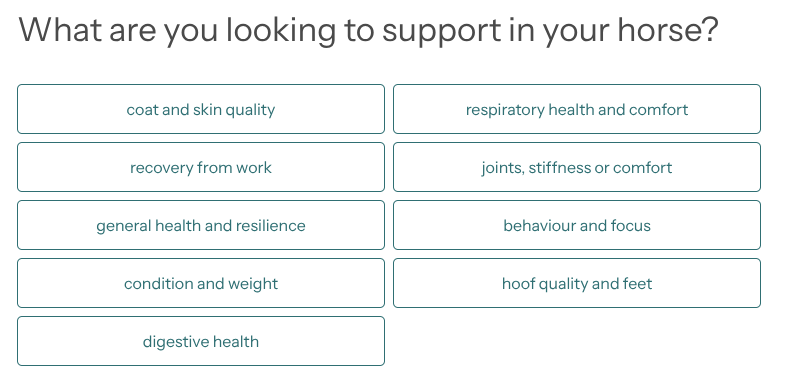 Survey question about horse care needs on a white background